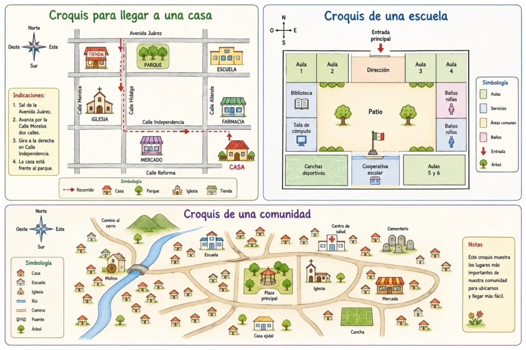 croquis de una casa, croquis de una escuela, croquis de una comunidad
